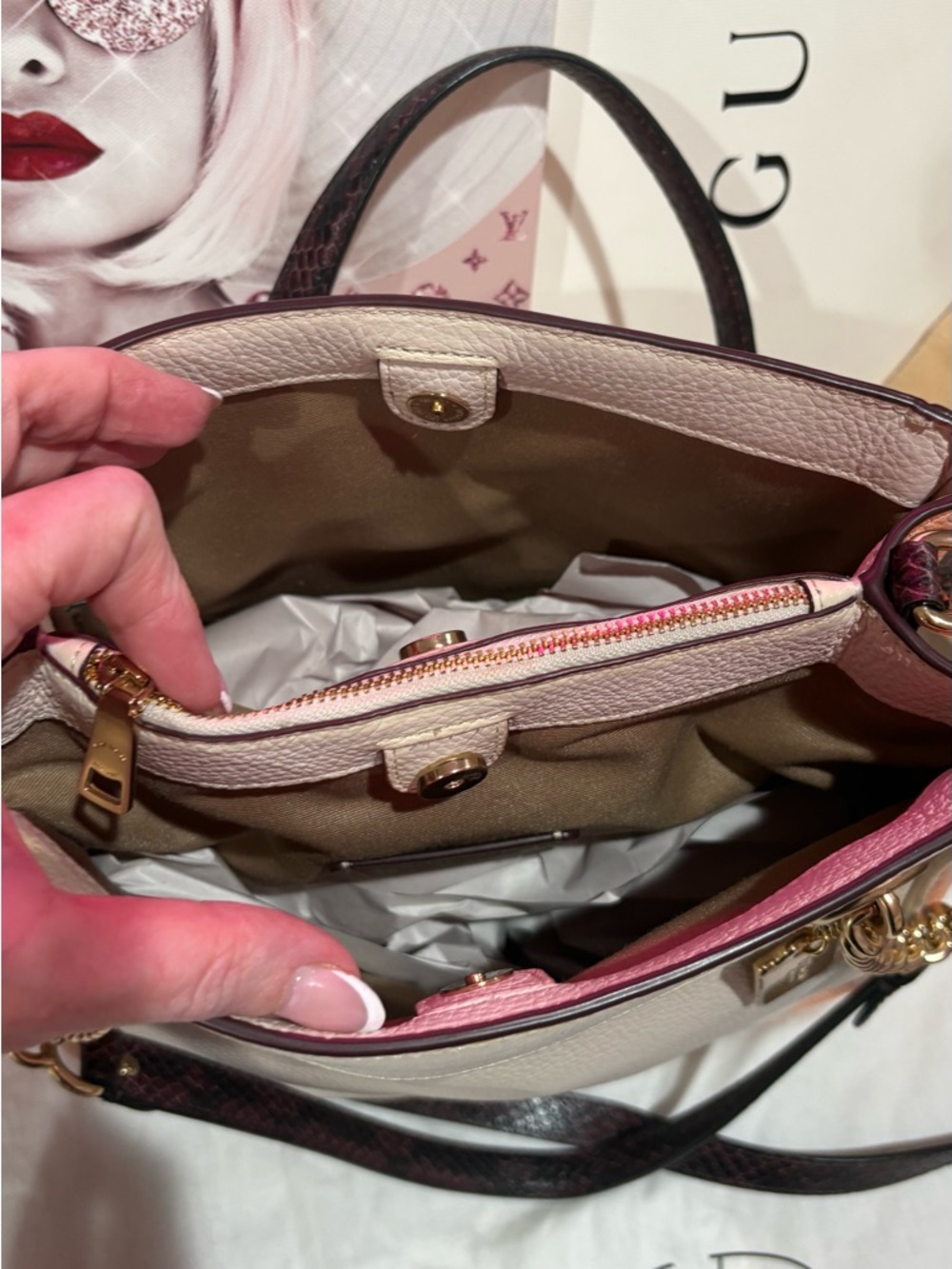 Coach Chalk and Pink Pebbled Leather Crossbody with Gold Chain Accents - Picture 7 of 9